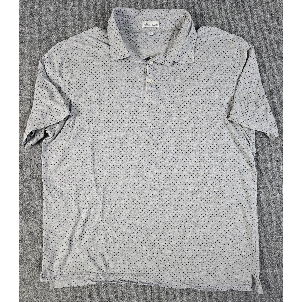 Peter Millar Polo Shirt Mens XL Gray Blue Dot Pattern Silk Blend Golf Casual